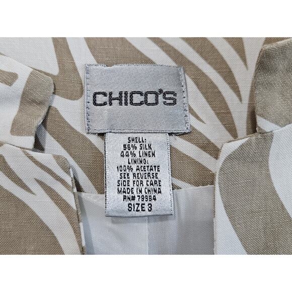 CHICO'S 3 Women XL Blazer Jacket Silk Linen Safari Pattern Beige White Hooks 44" - Picture 3 of 7